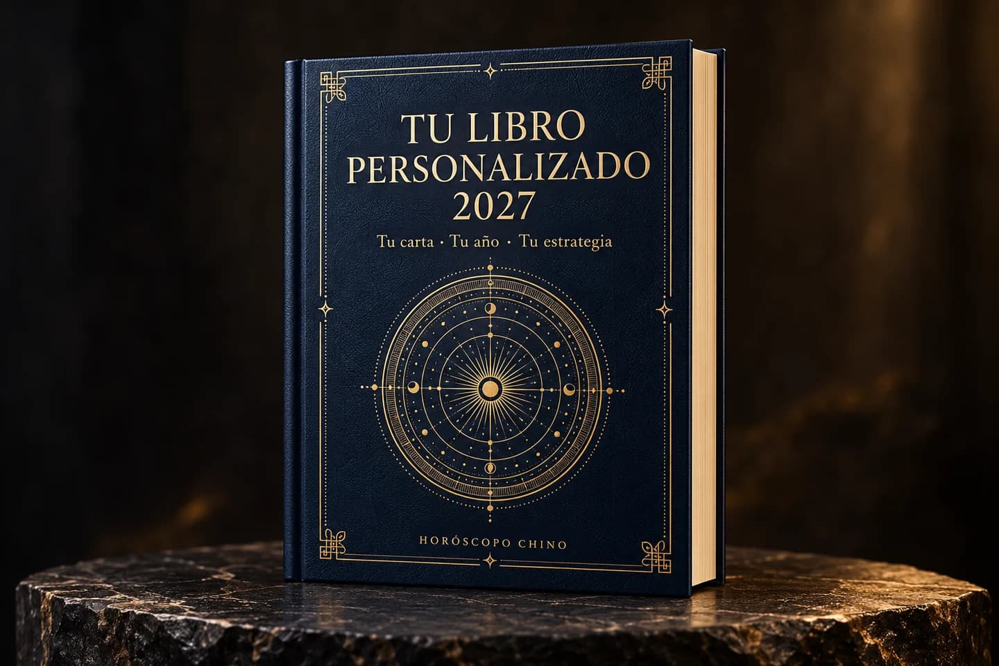 Portada ilustrativa de Tu Libro Personalizado 2027, azul oscuro con letras doradas y un motivo solar